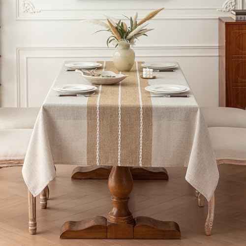 Joyfol Day Rustic Waterproof Cotton Blend Tablecloth, Heavy Weight Embroidery Table Cover for Rectangle Tables, Burlap Farmhouse Style with Coffee Line Pattern, 55" x 102" - color: Coffee Lines, size: 102" x 55" (Rectangular)