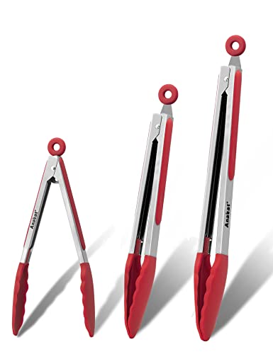 Anaeat Non-Stick Silicone Locking Tong Set of 3 - Stainless Steel 7", 9" and 12" Kitchen Food Tongs with Non-Slip Silicone Tips and Grip for Cooking, Baking and BBQ - Heat Resistant up to 480°F (Red) - color: 3 Pcs Silicone - Red, size: 7+9+12 Inch