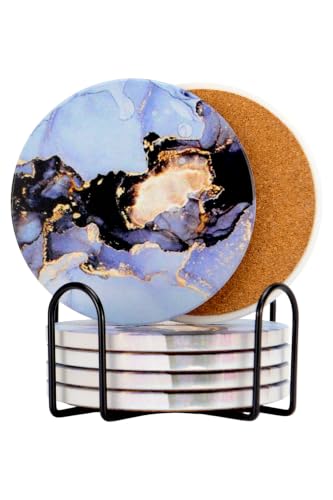 Ceramic Drink Coasters Set of 6 with Holder, Absorbent Coasters with Cork Backing for Coffee Table, Surface Protection, Home Decor and Housewarming Gift (Royal Amethyst) - color: Royal Amethyst