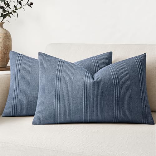MIULEE Lumbar Striped Throw Pillow Covers 12x20 Blue 2 Pack | Textured Linen Pillow Covers, Farmhouse Cushion Cases for Couch Sofa Bed Livingroom Home Decor - color: Blue, size: 20" x 12" (Pack of 2)