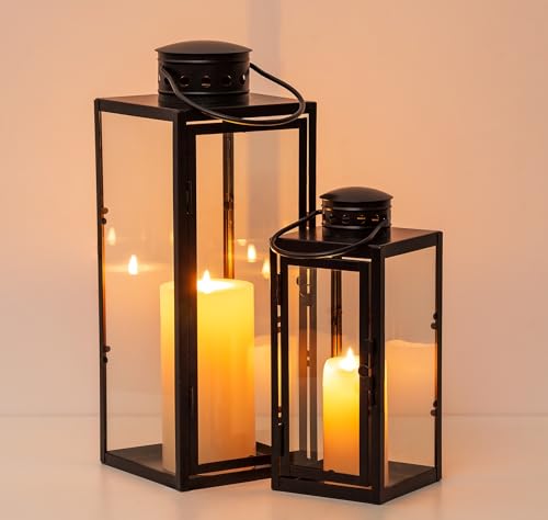 NUPTIO Lanterns Decorative Indoor Black, 9.5 & 13.8 inch Tall Lantern | Set of 2 Hurricane Lantern with Glass Panel Modern Candle Holders for Christmas Thanksgiving Front Porch Fireplace Decor - color: Black, size: S+L