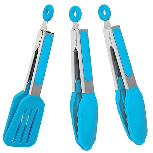 7 Inch Mini Serving Tongs with Silicone Tips Set of 3(Blue) | Stainless Steel Handle, Non-Scratch, Heat Resistant - color: Blue, size: 7inch