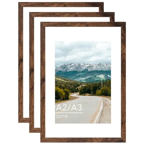 A2 Picture Frame with A3 Mat, Display 11.7x16.5 inch A3 with Mat or 16.5x23.4 inch A2 Without Mat, Wood 16.5 by 23.4 Photo Frame for Wall Hanging, Deep Brown, 3 Pack - size: A2, 16.5x23.4 inch
