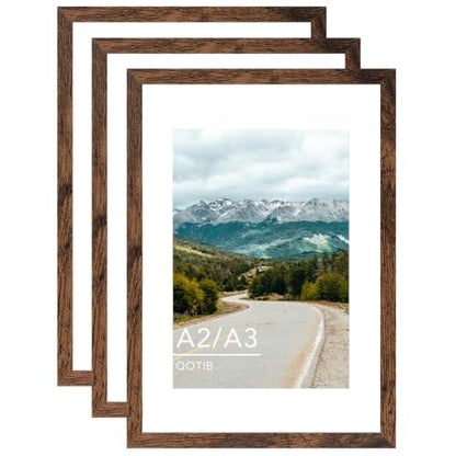 A2 Picture Frame with A3 Mat, Display 11.7x16.5 inch A3 with Mat or 16.5x23.4 inch A2 Without Mat, Wood 16.5 by 23.4 Photo Frame for Wall Hanging, Deep Brown, 3 Pack - size: A2, 16.5x23.4 inch