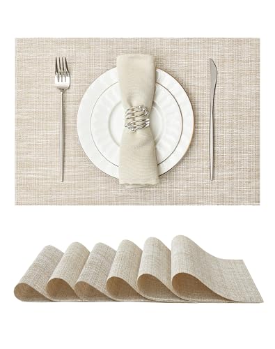 Leetaltree Woven Vinyl Placemats Set of 6,Beige and Gold | High Density，Stain Resistant, Easy to Clean, Washable Table Mats for Indoor Dining and Outdoor Patio - color: Z0- Beige and Gold, size: Set of 6