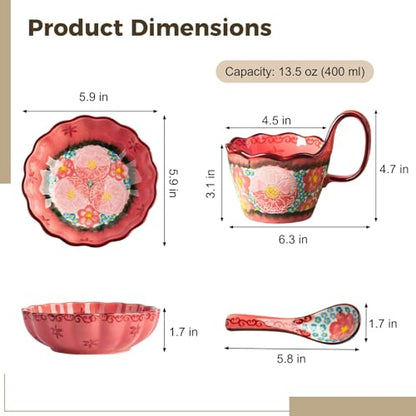 Soup Bowls with Handles, 3Pcs Ceramic Pink Plates and Bowls Sets with Cup, Spoon & Plate, Soup and Sandwich Plate Combo, Polish Pottery Mug for Breakfast, Snacks, Dessert, Dishwasher & Microwave Safe