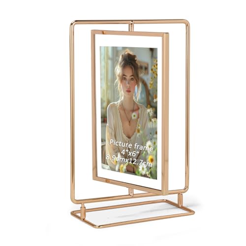 Lyeasw Rotating Picture Frame for 4x6 Picture, Gold Standing Double Sided 4x6 Floating Picture Frame for Vertical Table Display, Single