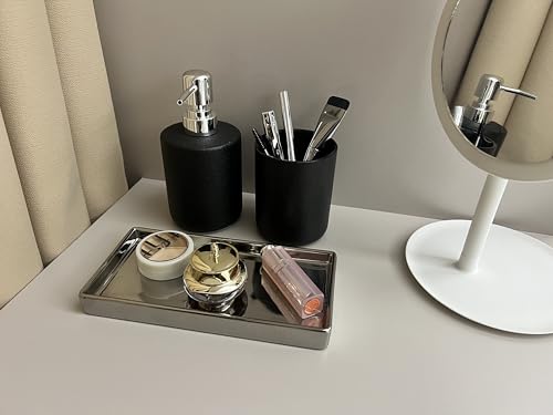 Bathroom Soap Dispenser Set with Tray 3-Piece Countertop Organizer （Black） | Countertop Organizer, With Tray, Pump Dispenser and Cup Black patterned ceramic products - color: Black Texture