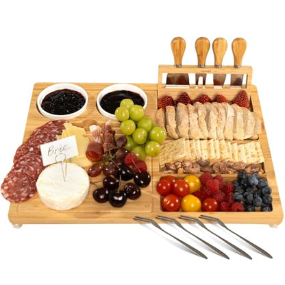 eleganlife Charcuterie Boards Set with Knives, Bamboo Cheese Board Large, Charcuterie Platters with Compartments, Serving Boards Gifts for Wedding, Birthday and Housewarming Party
