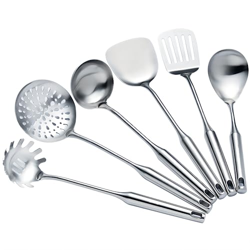 Cooking Utensils Set Stainless Steel Kitchen Metal Serving Utensils Set of 6 Pcs-Wok Spatula Ladle Set, Slotted Skimmer, Pasta Server, Serving Spoon, Slotted Spatula Tunner,Dishwasher Safe