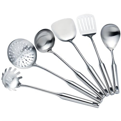 Cooking Utensils Set Stainless Steel Kitchen Metal Serving Utensils Set of 6 Pcs-Wok Spatula Ladle Set, Slotted Skimmer, Pasta Server, Serving Spoon, Slotted Spatula Tunner,Dishwasher Safe