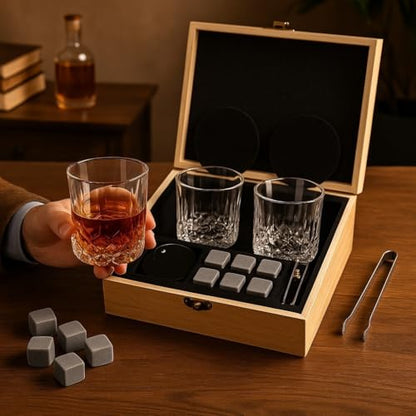 Premium Whiskey Stones Gift Set with 2 Crystal Glasses, Wooden Box, 8 Granite Chilling Rocks