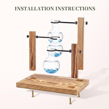 Plant Propagation Station，Hydroponic Glass Bulb Vase with Wooden Stand Decorative Propagation Stations with Blue Glass Beads for Home Desk Office Gardening Gifts for Mom Women Plant Lovers