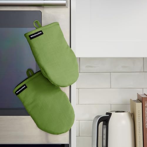 KITCHENAID Gourmet Series Gridlines Mini Oven Mitts 2-Pack Set, Heat Resistant up to 600°F, Soft Silicone Grip, Magnetic Cuff, Matcha Green, 5.5"x9" - color: Matcha Green
