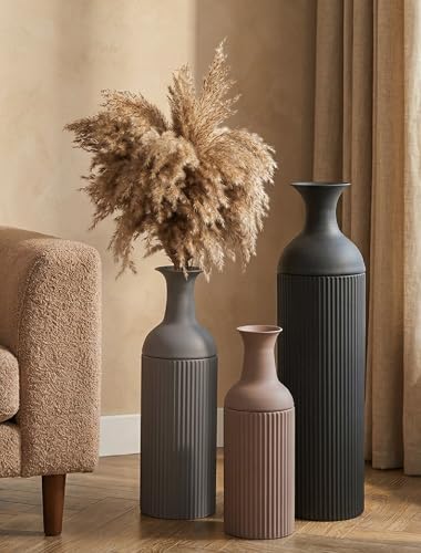 Sziqiqi Metal Tall Floor Vase, Tricolor Large Ribbed Floor Standing, 3Pcs | 27/20/16in Farmhouse Earth Tones Vases, Oversized Flower Holder for Pampas Grass, Living Room, Fireplace, Hallway, Office - color: Earth Tone