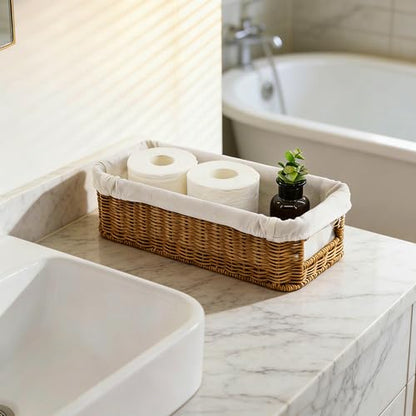 YRMT Rattan Toilet Tank Basket Toilet Paper Storage Baskets for Bathroom Handwoven Toiletry Countertop Organizer Water-Resistant Home Decor 14" x 6" x 4" (Rattan)