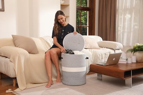 16"x20" Extra Large Cotton Rope Basket with Zipper Lid, Woven Laundry Hamper and Blanket Storage Basket, Round Clothes Bin for Living Room Bedroom, Dual Grey - color: Dual Grey