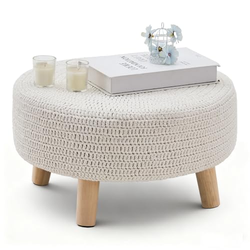Wimarsbon Pouf Ottoman, 100% Cotton Knitted Boho Footstool, Round Footrest with Non-Skid Wood Legs, Home Décor Handmade Pouffe, Leisure Floor Step Stool for Living Room (20" White) - color: 20" White