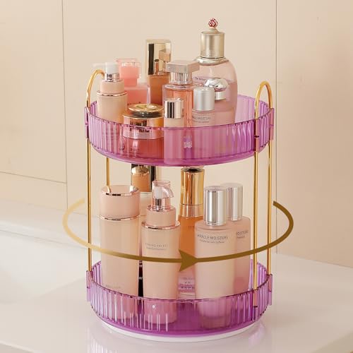 Aveniee Rotating Makeup Organizer for Vanity, Perfume Skincare Organizers Spinning, 2 Tier Bathroom Countertop Storage, Cosmetics Lipstick Holder for Counter Dresser,Purple - color: Crystal Purple, size: Standard-2 Tier