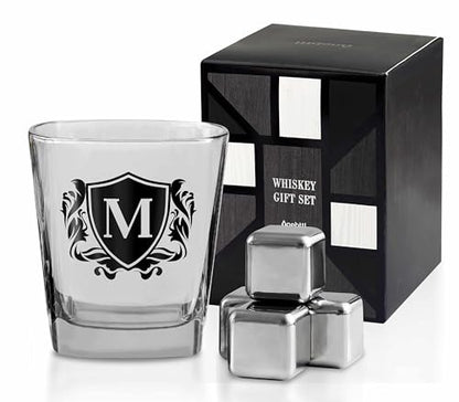 Whisky Gifts for Men, Personalized Initial Whiskey Glass with Whiskey Stones for Dad, Boyfriend, Best Friends, Coworkers, Husband, Brother, Uncle and Boss on Father's Day, Boss Day and Birthday - M - color: M