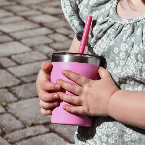 CUPKIN Cups with Lids and Straws, The Original 8 oz Stackable Stainless Steel First Sippy Cup, Set of 2 Powder Coated Insulated Kids Hot Drink Cup + BPA Free Lids + Silicone Straws (Green + Pink) - color: Green + Pink, size: 8 Fl Oz (Pack of 2)