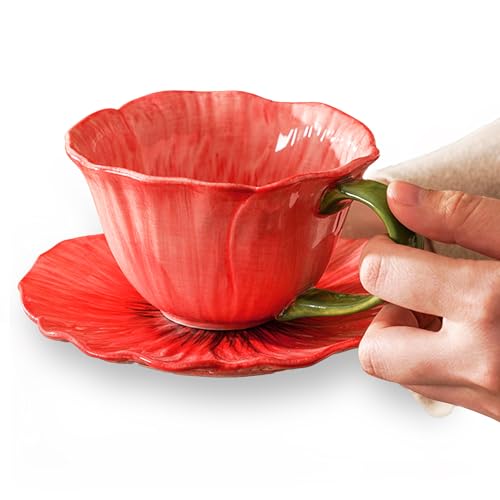 Coral Red Ceramic Flower Coffee Cup with Saucer, 10 Oz, Peony Floral Design, Dishwasher Safe, for Coffee, Tea, Dessert - color: Coral Red