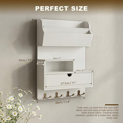 Rebee Vision Pine Wood Key Holder Wall Mount with Shelf & Drawer, White | Mail and Key Organizer, 4 Key Hooks, Stores Small Essentials, Displays a Plant, Adds Stylish, Apartment Essential Charm - color: White