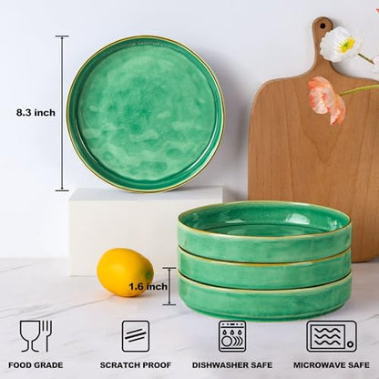 E-far Pasta Bowls Set of 4, 30oz Shallow Salad Bowls for Dinner Serving, 8.25" Stoneware Ceramic Bowl Plates for Noodle Soup, Microwave & Dishwasher Safe, Reactive Glaze, Green - color: Green