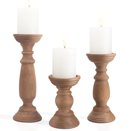 BANOMII Rustic Wooden Pillar Candle Holders Set of 3, 12'' 9'' 6'' Farmhouse Wood Candle Stand for Table Centerpieces, Vintage Tall Candleholders Fireplace Mantel Decor for Living Room, Brown - color: Natural Brown