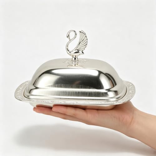 Stainless Steel Serving Tray with Lid for Fruit, Desserts, Snacks, Candies | 7.5"x 5.5" Serving Platte with Swan Handle Lid for Home Wedding Party Gatherings Dinners, Small Fruit Tray, Silver - color: Silver