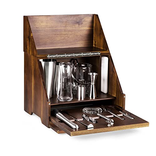 PICNIC TIME NFL Madison Acacia Tabletop Bar Tool Set, Bartender Kit with Stand, Bar Accessories Set
