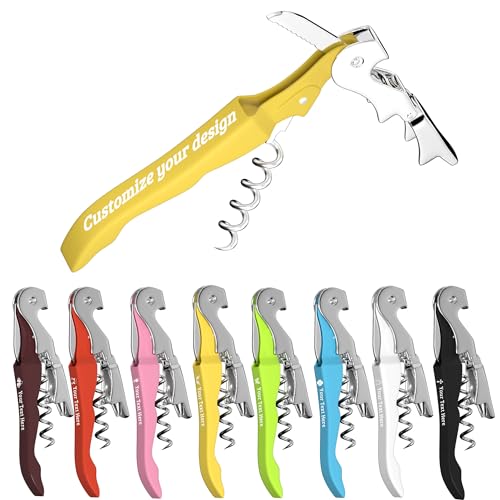 Custom Wine Opener Bulk, Laser Personalized Logo & Text, for Bar Weddings | Waiter Corkscrew Wine Key with Foil Cutter,Double Hinged Stainless Steel Wine Bottle Opener,for Servers,Bartenders,Sommelier - color: Yellow