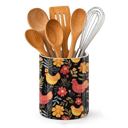 Rooster Hen Kitchen Utensil Holder,Flower Ceramic Utensil Crock for Countertop,Cooking Tools Storage jar for Spatulas and Spoons,Housewarming Gifts 6.3" - color: Rooster Hen Flower
