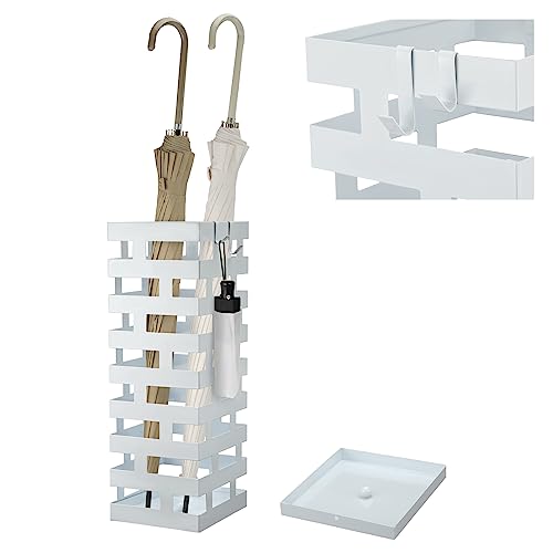 Tudomro Umbrella Stands for Entryway Large Metal Umbrella Holder 6.3 x 5.5 x 16.5 Inches with Removable Water Tray and Hooks Decor Freestanding Rectangular Storage Hollow Rack for Home Office (White) - color: White, size: 6.3 x 5.5 x 16.5 Inch