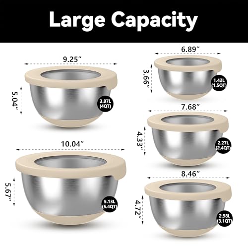 KITEISCAT Stainless Steel Mixing Bowls with Lids – Set of 5 Large Nesting Metal Bowls for Kitchen, Baking, Cooking, Food Prep & Storage, Non-Slip Base, Dishwasher Safe,Khaki - color: Khaki