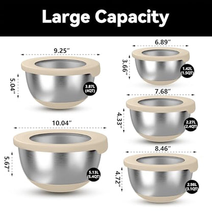 KITEISCAT Stainless Steel Mixing Bowls with Lids – Set of 5 Large Nesting Metal Bowls for Kitchen, Baking, Cooking, Food Prep & Storage, Non-Slip Base, Dishwasher Safe,Khaki - color: Khaki