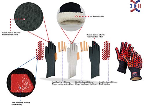 J H Heat Resistant Oven Glove:EN407 Certified 932 °F, 2 Layers Silicone Coating, Oven Mitts for Cooking, Kitchen, Fireplace,Camping, Grilling (Black/Red, Regular Cuff) - color: Black/Red, size: Regular Cuff
