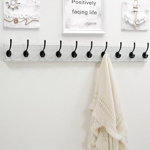 Coat Rack Wall Mount: 38-1/4" Long, Patented, Heavy-Duty, 10-Double-Hooks Wooden Hanger Rail for Winter Coats Hat Jacket Clothing, White & Black - color: White & Black, size: L=38.3"(1pcs)