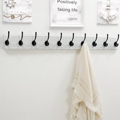 Coat Rack Wall Mount: 38-1/4" Long, Patented, Heavy-Duty, 10-Double-Hooks Wooden Hanger Rail for Winter Coats Hat Jacket Clothing, White & Black - color: White & Black, size: L=38.3"(1pcs)