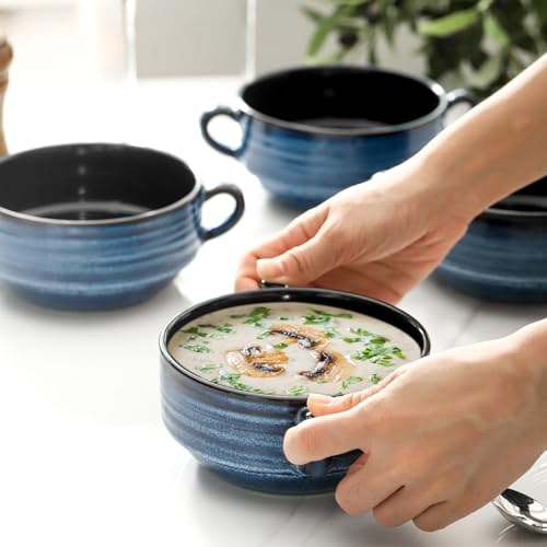 HASENSE Ceramic Soup Bowls, 20 oz French Onion Soup Bowls with Handle Set of 6, Small Serving Crock for Stew, Pasta, Chili, Cereal, Microwave Oven and Dishwasher Safe, Blue - color: Blue, size: 20oz - 6pcs