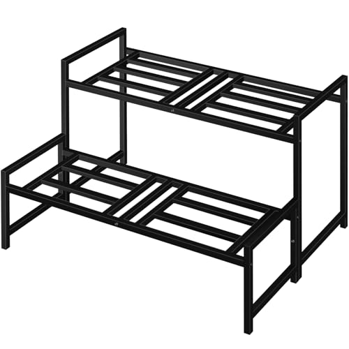 Plant Stand Indoor Outdoor, 2-Tier Stackable Wrought Iron Plant Stands | Metal Plant Shelf Decorative Outdoor Flower Stand Heavy Duty Pedestal Stands for Garden Deck Living Room, Black - size: 16.5''