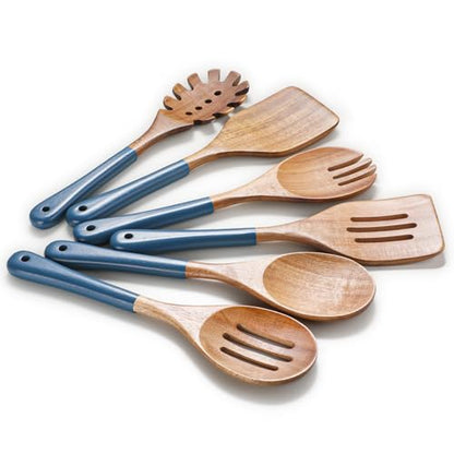 Wooden Spoons For Cooking, 6 PCS Natural Acacia Wooden Cooking Utensils, Non-Stick Wood Kitchen Utensil Set for Kitchen Essentials, Smooth Grip Wood Cooking Spoons with Hanging Hole, Blue - color: Blue