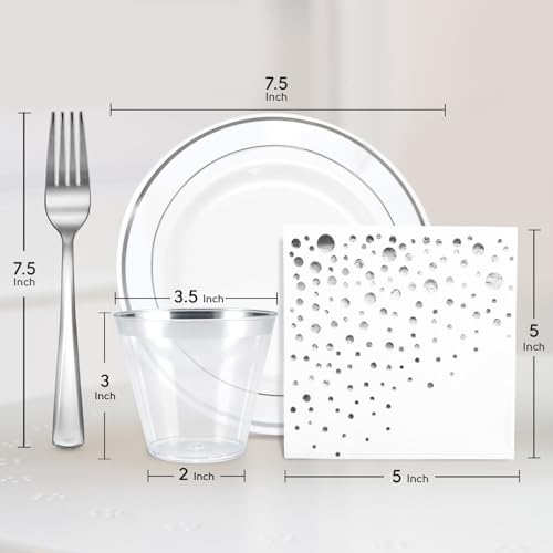 Silver Dessert Plates Set, 100 Plates, Cups, Forks and Napkins, 7.5 Inch | Sturdy plastic, cake service, appetizer tables, salad course, weddings, birthdays, easy cleanup - color: Silver, style: Plates,Forks,Napkins and Cups