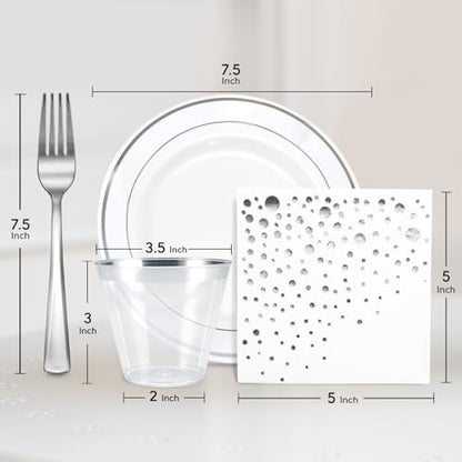 Silver Dessert Plates Set, 100 Plates, Cups, Forks and Napkins, 7.5 Inch | Sturdy plastic, cake service, appetizer tables, salad course, weddings, birthdays, easy cleanup - color: Silver, style: Plates,Forks,Napkins and Cups