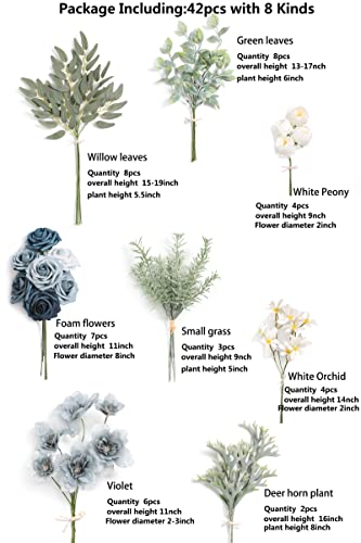 Serra Flora Fake Plant Filler Artificial Greenery Stems Combo Box Set 42pcs with 8 Kinds of Faux Greenery Picks for DIY Bridal Bouquets Wedding Floral Arrangement Table Centerpieces - color: Dusty Blue