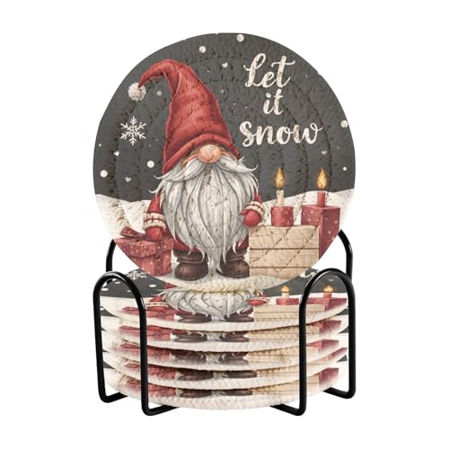 Caikeny 6 Pcs Drink Coasters with Metal Holder Christmas Gnome Snowflakes Black Absorbent Coasters Decorative Woven Coaster Set for Coffee Table - color: Multi 10k1.30
