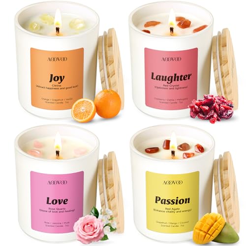 AOOVOO Energy Candles Set for Women - 4 Pack Soy Candles for Home Scented | 28 oz Soy Wax, Aromatherapy Candle with Crystal, Red Quartz Laughter /Rose Quartz Love /Citrine Joy /Red Agate Passion - style: Energy Candles Set