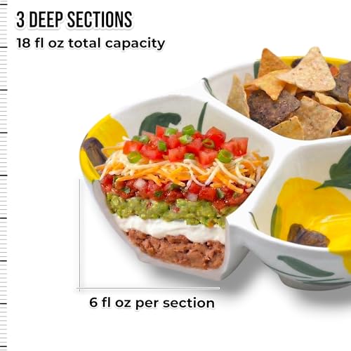 3-Compartment Ceramic Serving Dish, Handmade in Spain | 7.5” divided chip and dip bowl with lead-free glaze, microwave, oven and dishwasher safe, ideal for tapas, snacks and sauces - color: Rustic Avocado