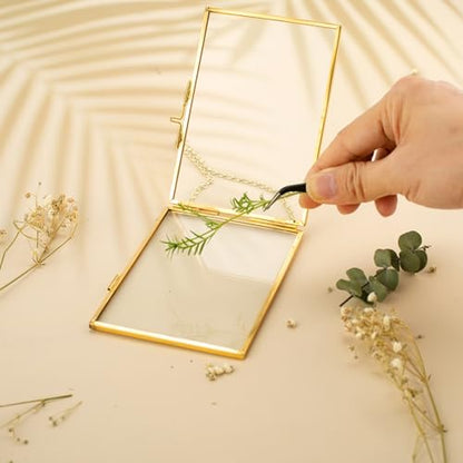 5 Pcs Pressed Flower Frames with Tweezers, Wall Hanging Tabletop Display Double Glass Frames with Metal Chain for Pressed Dried Flowers Plants, Horizontal and Vertical Picture Frame, Golden - color: Gold-5