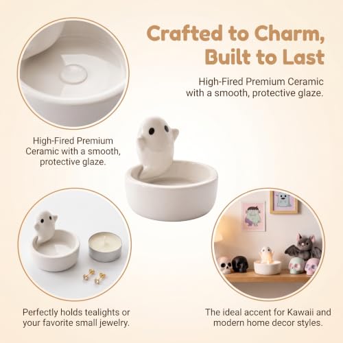 Ceramic Ghost Tealight Candle Holder, Cute Spooky Room Decor for Desk and Nightstand, Kawaii Witchy Aesthetic Small Votive Stand